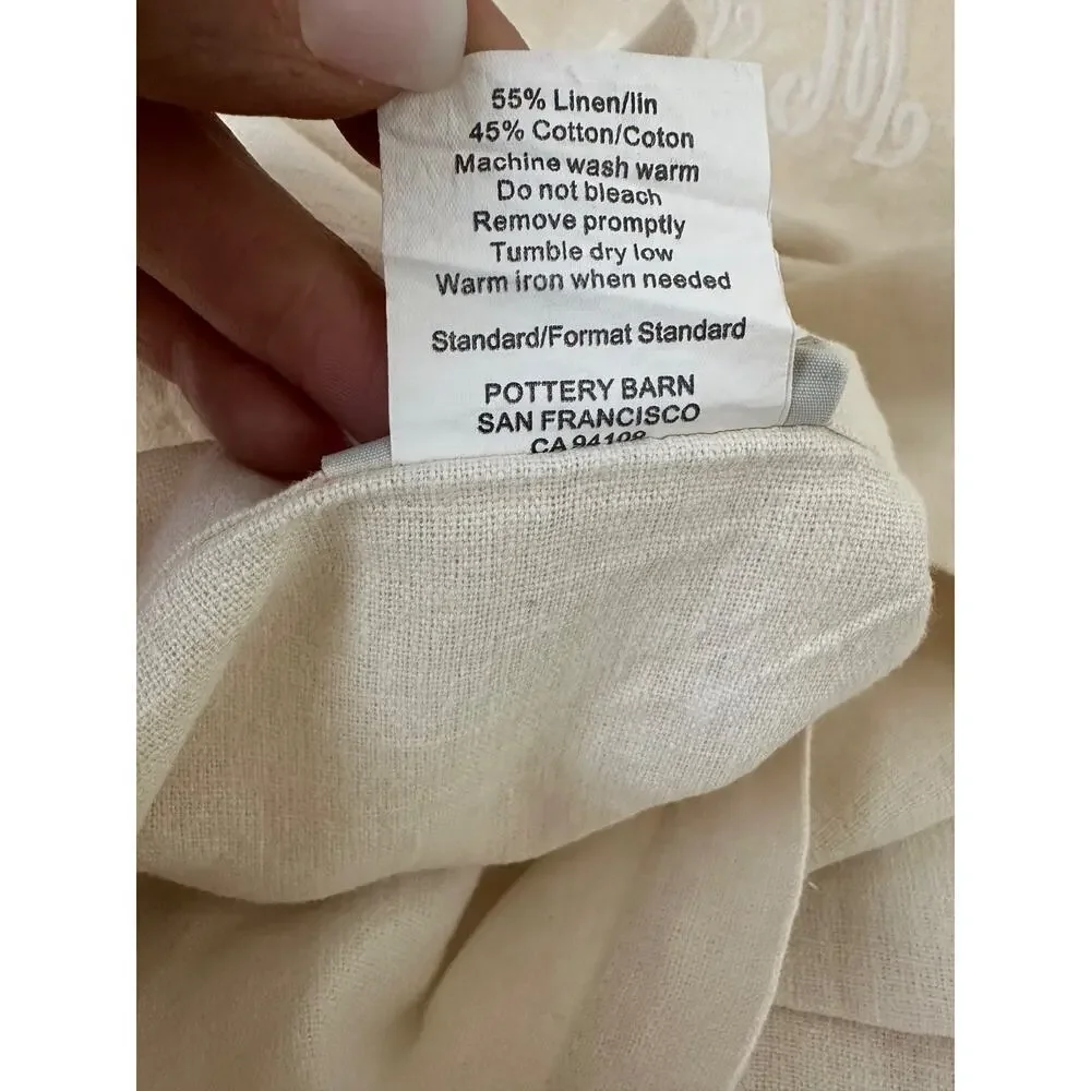 Vintage Pottery Barn Linen Cotton Pillow Shams Ecru Beige embroidered monogram
